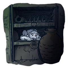 Mrsha hiding in the shelf dungeon