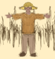 Lupp posing as a scarecrow