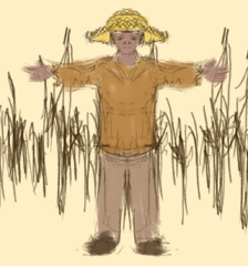 Lupp posing as a scarecrow