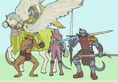 Named adventurers, from left to right: Feathi, Saliss, Mivifa, Shriekblade, Sixswords. (colored by Enya)