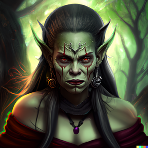 DALL·E 2023-03-08 16.52.53 - Goblin woman, shaman, green skin, red eyes, standing in the forest, beautiful, sharp teeth, two rows of shark teeth, scowl.png